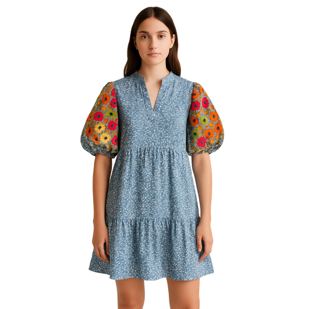 THML Blue Floral Print Ruffle Neck Dress Puff Sleeve baby doll embroidery WL